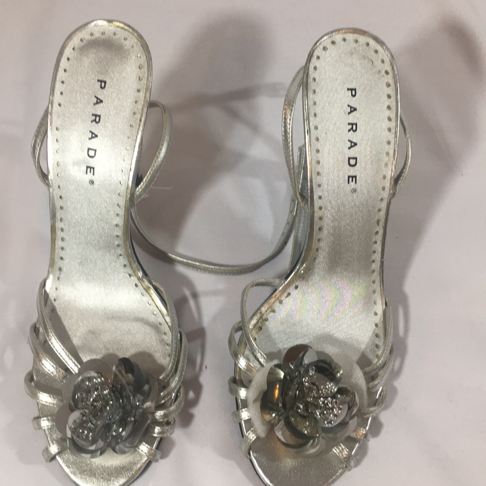 Silver flower open toed heels